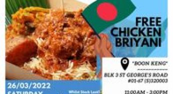 Chicken nasi briyani free in Boon Keng Singapore on 26 March 11AM – 3 PM while stock last